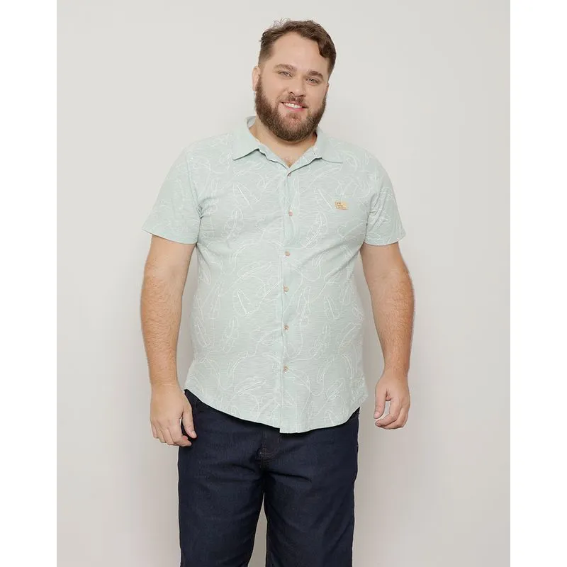 Camiseta Pluz Size Masculina Gola Dobrável Estampado Verde G3