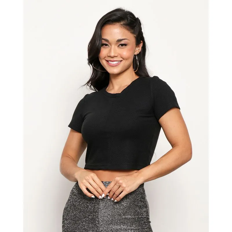 Blusa Feminina Cropped Manga Curta Canelada Preta G