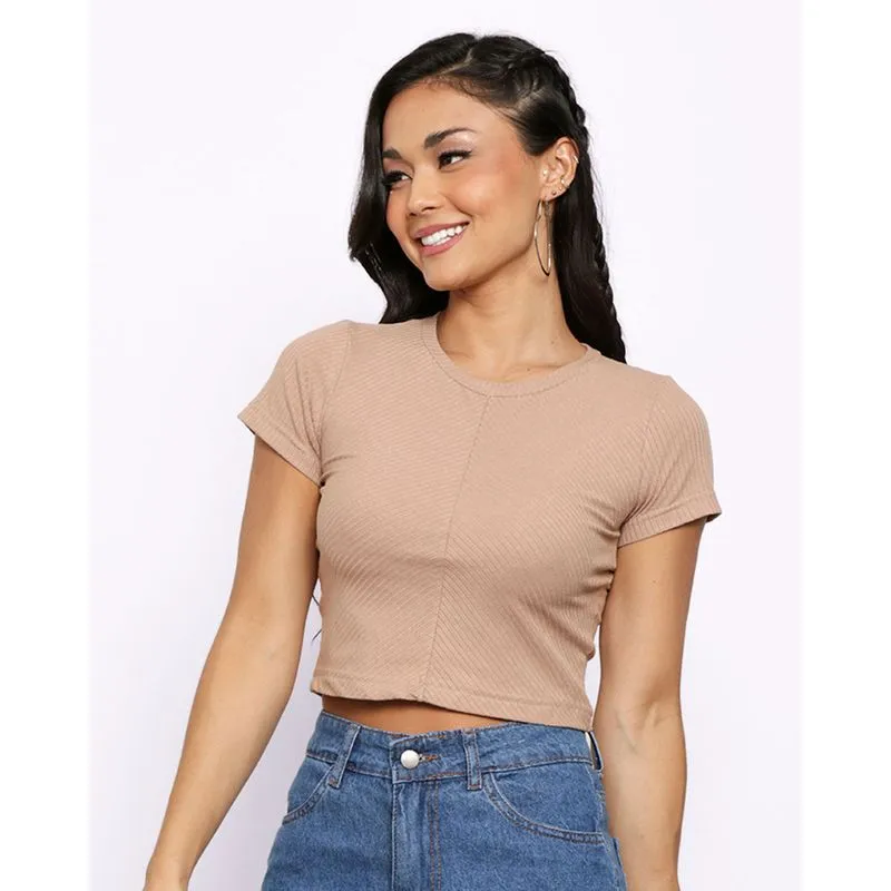Blusa Feminina Canelada Manga Curta Recorte Bege M