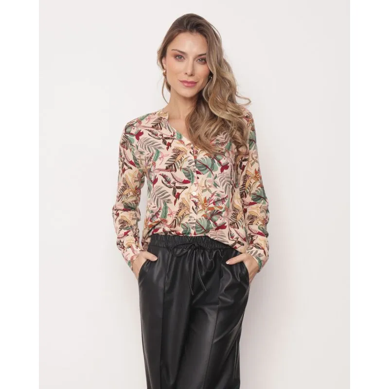 Camisa Feminina Gola Padre Berry & Co. com Folhagens Bege G