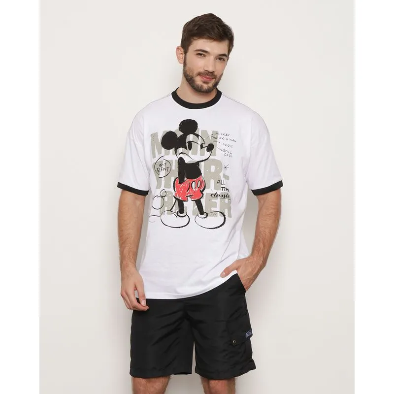 Camiseta Masculina Manga Curta Disney Mickey Oversized Branco GG