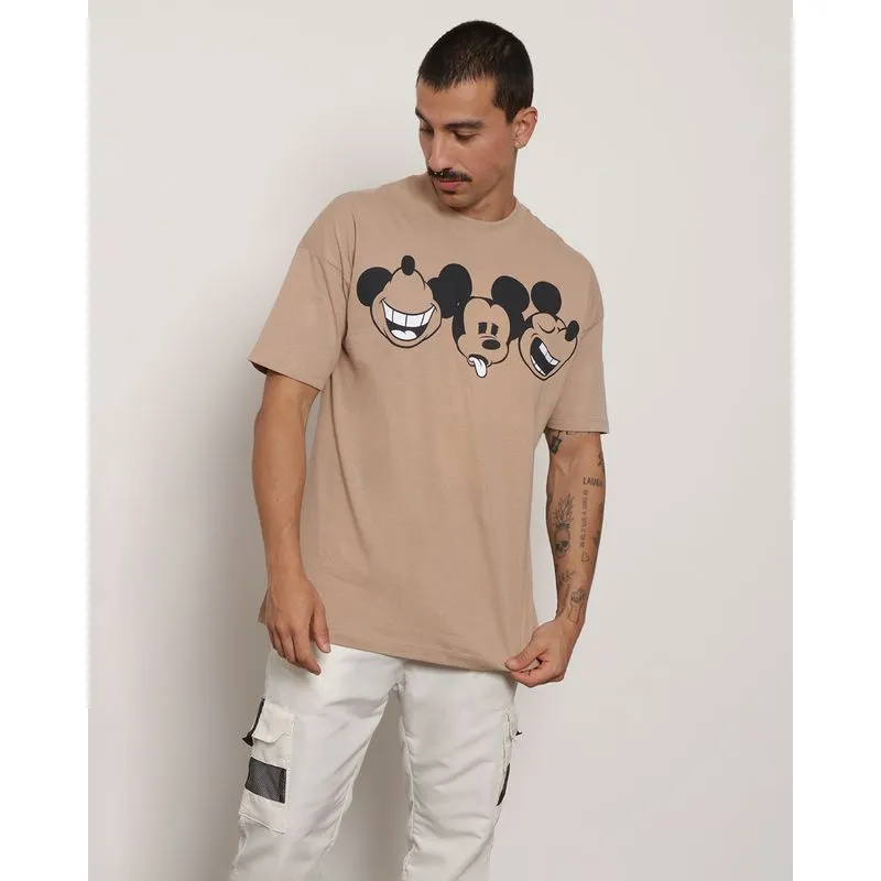Camiseta Masculina Manga Curta Oversized Mickey Disney Bege GG