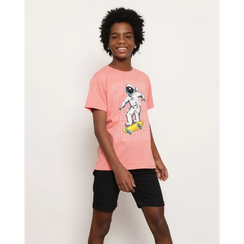 Camiseta Juvenil Manga Curta Estampa Astronauta Laranja 14