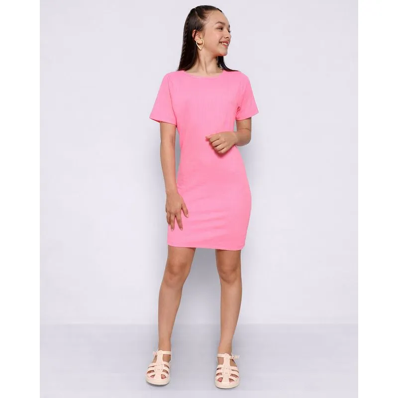 Vestido Juvenil Manga Curta Canelado Rosa Neon 10