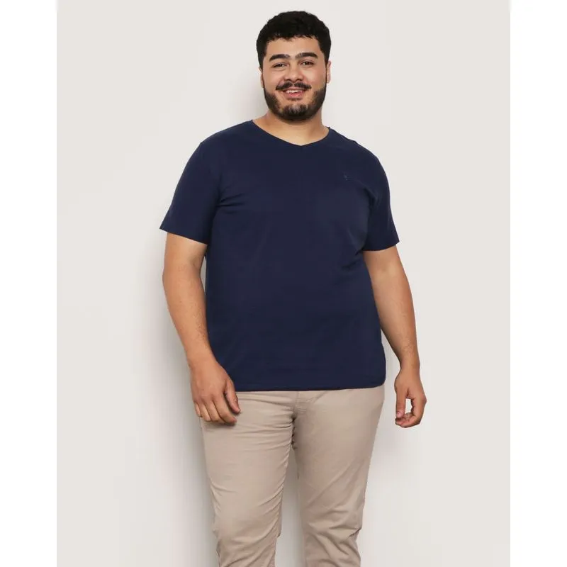 Camiseta Plus Size Masculina Manga Curta Gola V Marinho G2