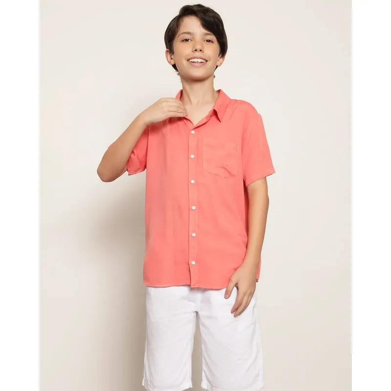 Camisa Juvenil Menino Botões Com Bolso Frontal Manga Curta Laranja 16