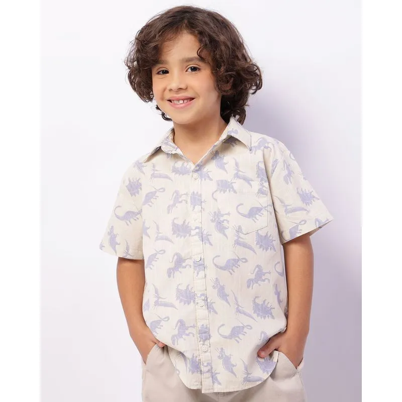 Camisa Infantil Manga Curta Estampa Dinossauros Bege 8