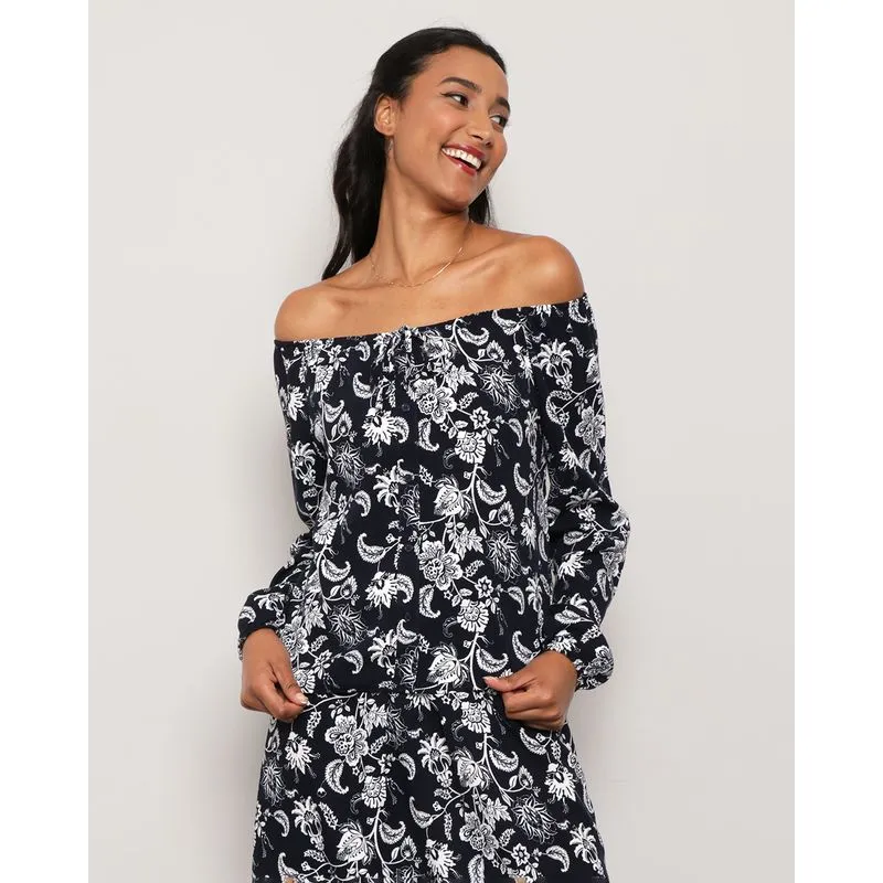 Blusa Feminina Berry & Co. Ciganinha Viscose Marinho Floral GG
