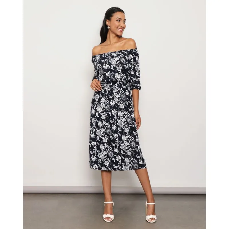 Saia Feminina Berry & Co. Midi Viscose Floral Marinho P