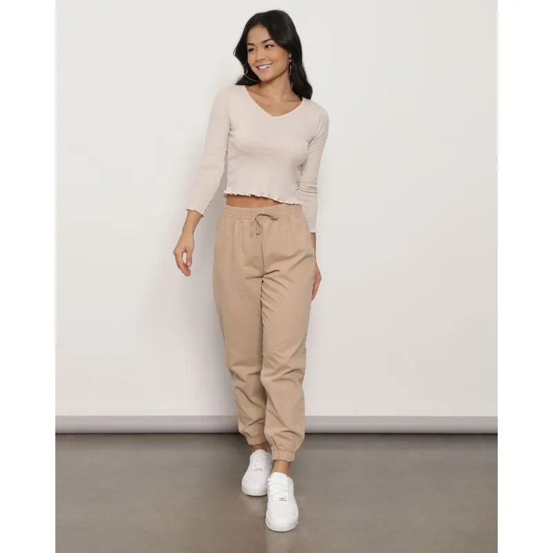 Calça Feminina Sarja Jogger Bege Escuro 36