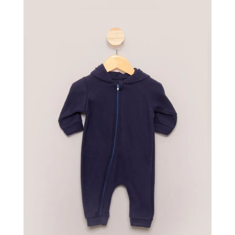 Macacão Bebê Com Capuz Boucle Zíper Marinho M