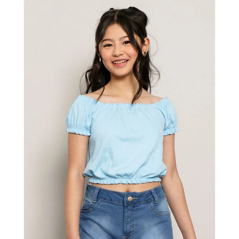 Blusa Juvenil Cropped Manga Curta Franzida Azul 16