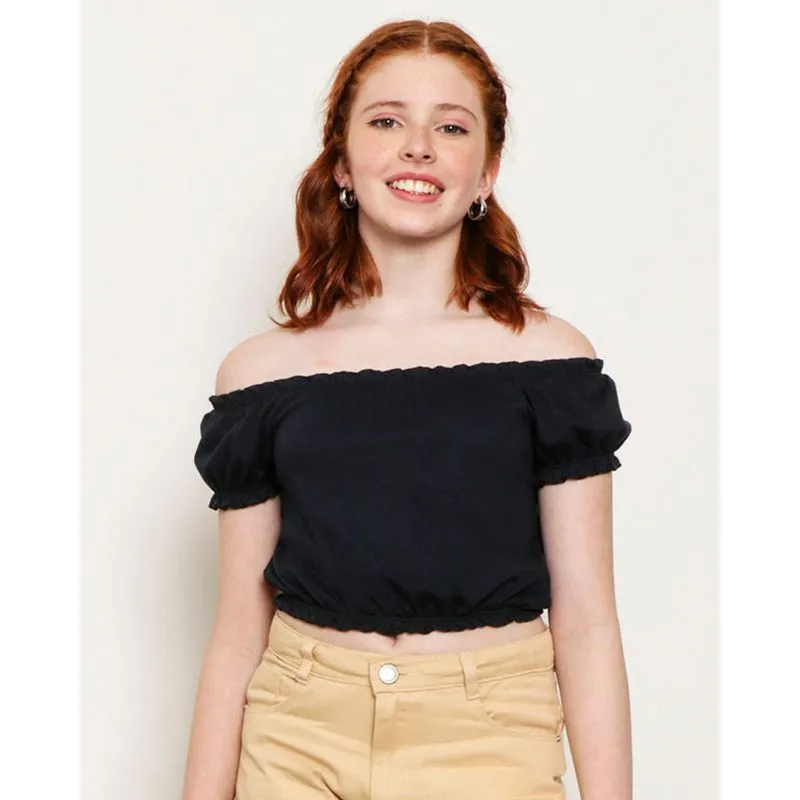 Blusa Juvenil Cropped Manga Curta Franzida Preta 14