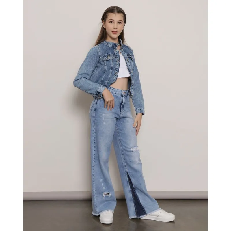 Calça Jeans Juvenil Wide Leg Destroyed Barra Desfiada Azul 10