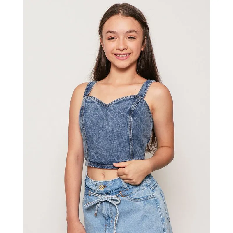 Regata Jeans Juvenil Cropped Decote Coração Azul 12