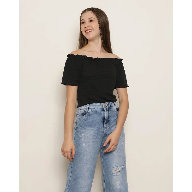 Blusa Juvenil Cropped Lastex Frufru Preta 16