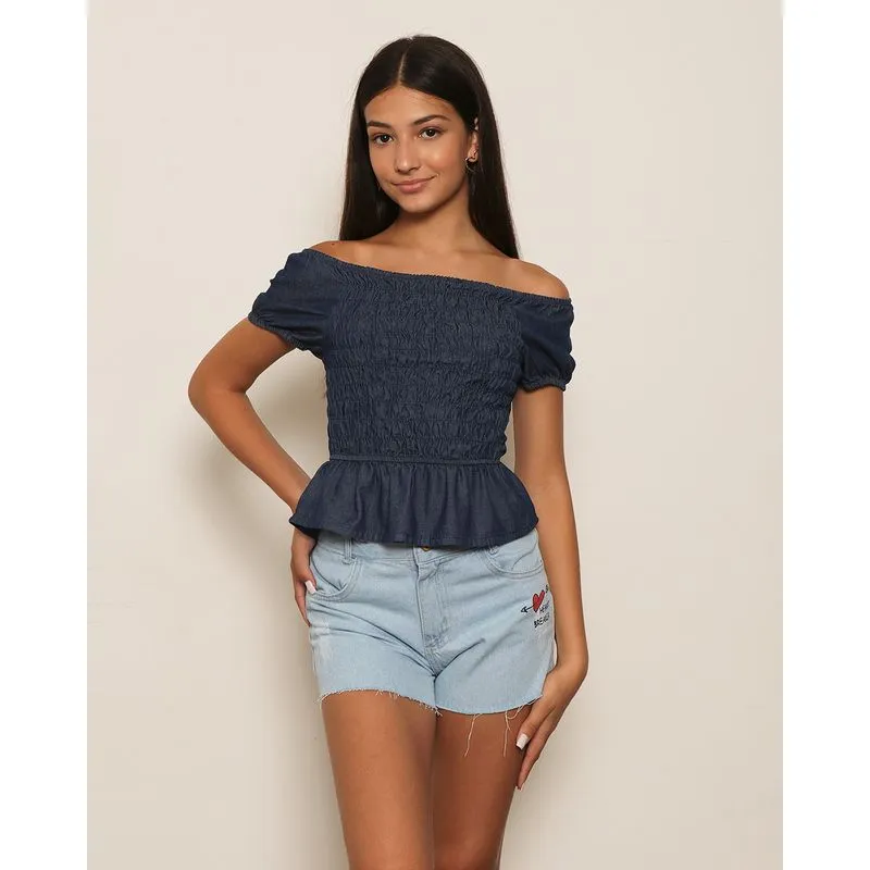 Blusa Jeans Juvenil Ciganinha Com Lastex Azul 14
