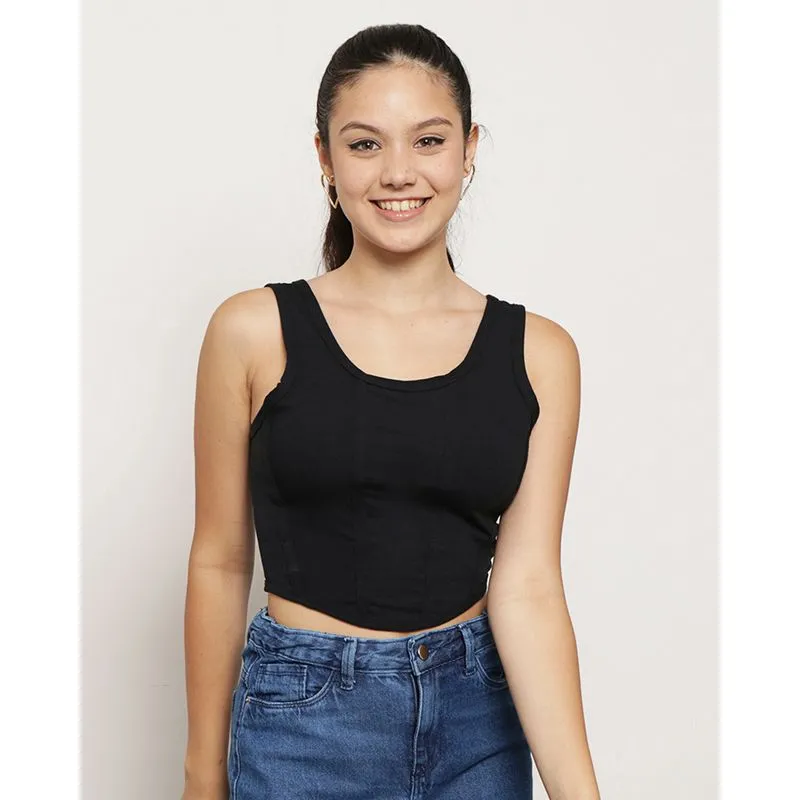 Regata Juvenil Cropped Com Viés Corset Preta 14