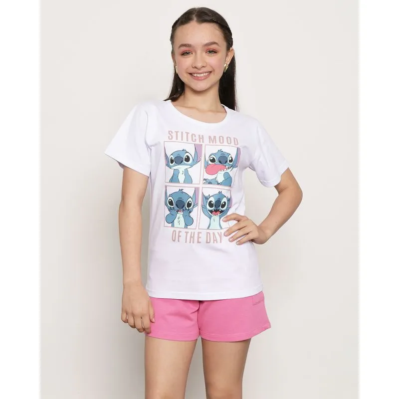 Camiseta Juvenil Manga Curta Disney Estampa Stitch Branca 12