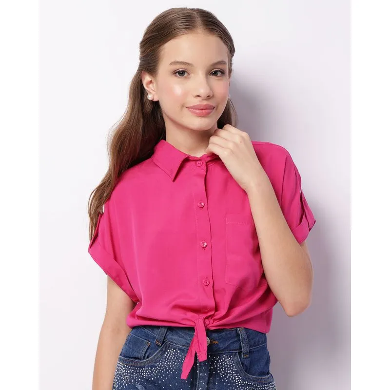 Camisa Juvenil Cropped Viscose Amarração Manga Curta Rosa 16