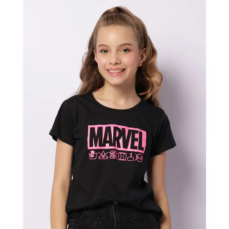 Camiseta Juvenil Marvel Com Glitter Manga Curta Preta 14