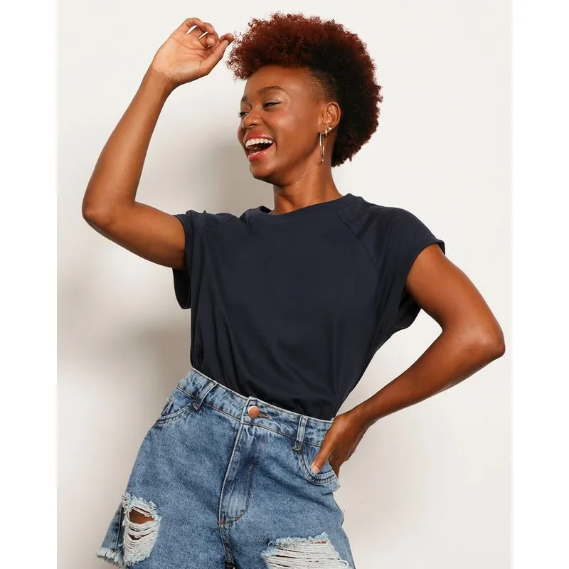 Blusa Feminina Básica Manga Curta Raglan Marinho P