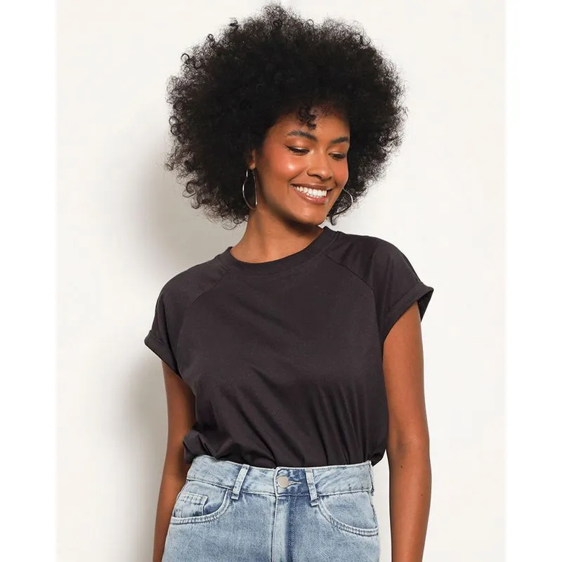 Blusa Feminina Básica Manga Curta Raglan Preta M