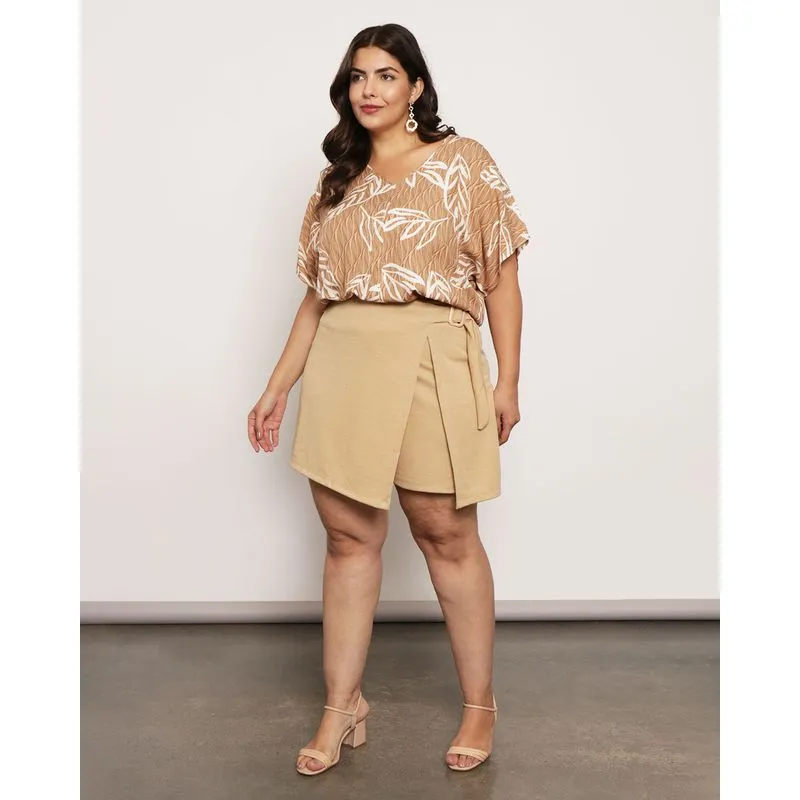 Short Saia Plus Size Feminino Fenda Bege G3