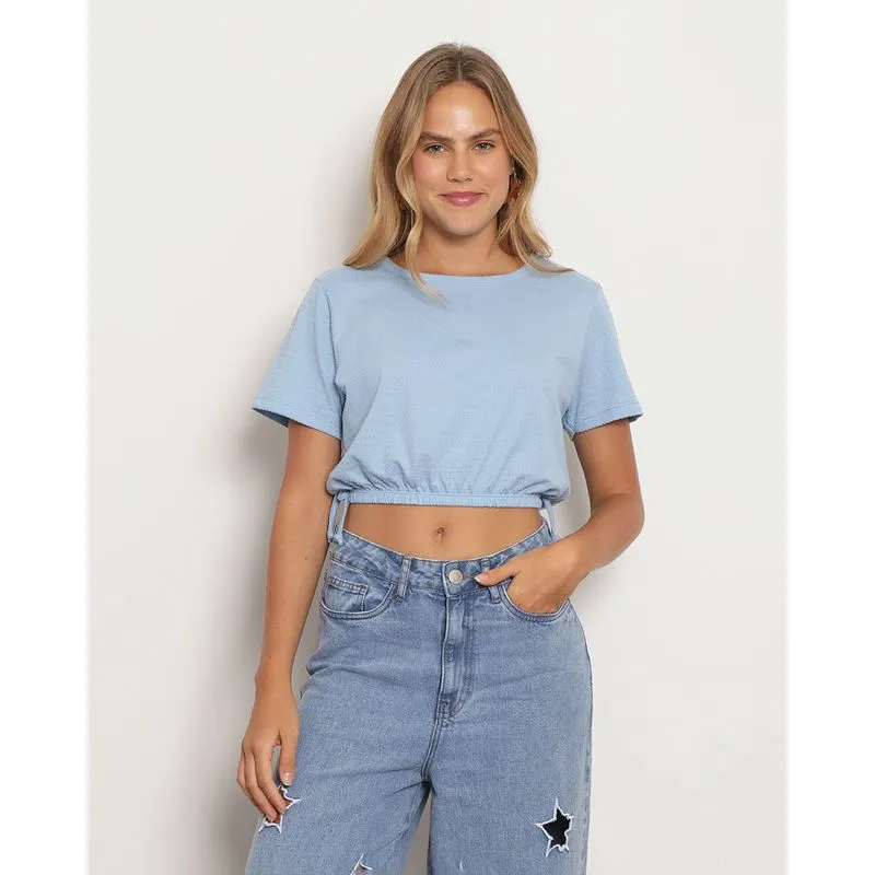 Blusa Feminina Cropped Texturizada Com Elástico Azul P