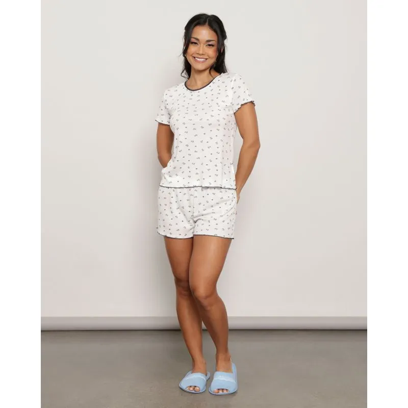 Pijama Feminino Curto Canelado Estampado Florzinha Azul UN