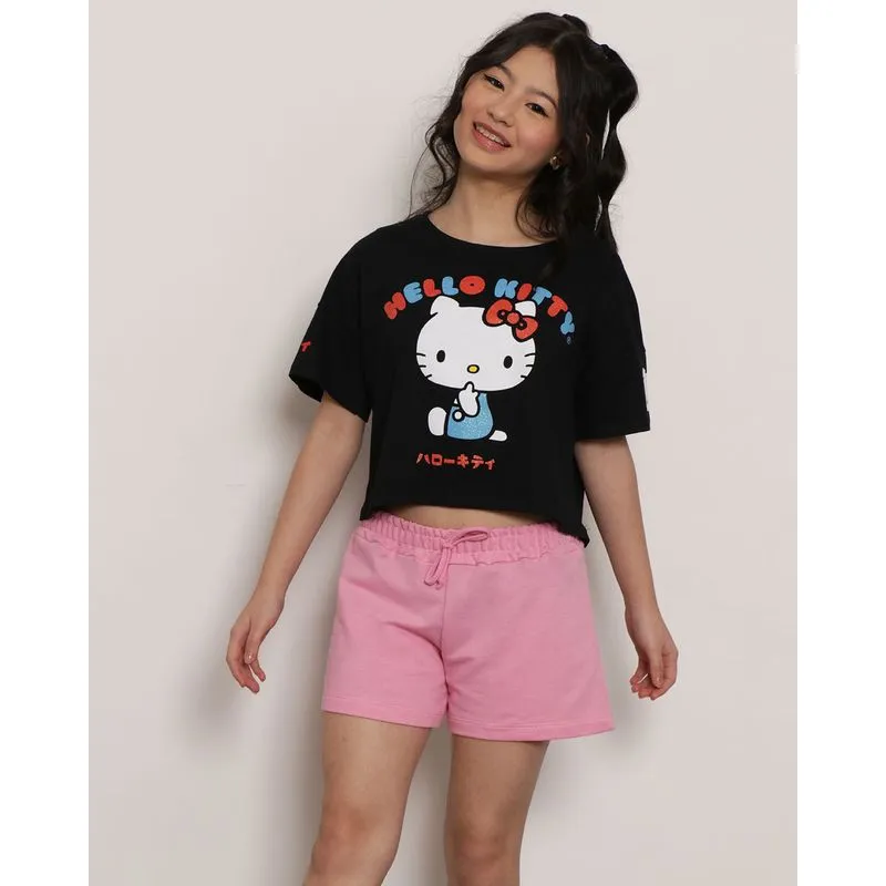 Blusa Juvenil Cropped Hello Kitty Manga Curta Preta 14