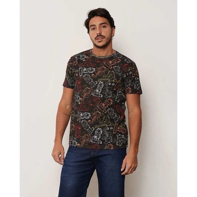 Camiseta Masculina Estampa Garfield Gangster Manga Curta Preta M