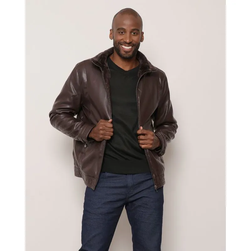 Jaqueta Masculina Sintética Gola Com Pelinho Marrom GG