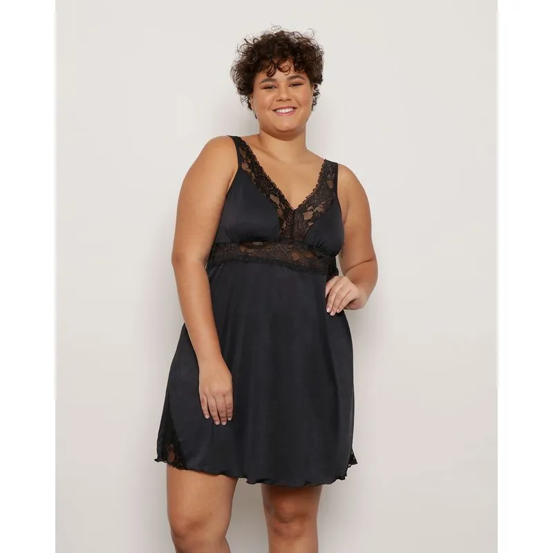 Camisola Plus Size Feminina Alcinha Recorte Renda Preta 48