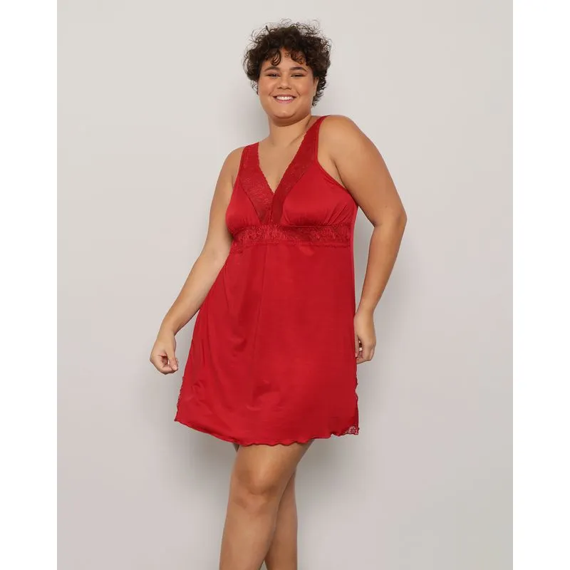 Camisola Plus Size Feminina Alcinha Recorte Renda Vermelha 46