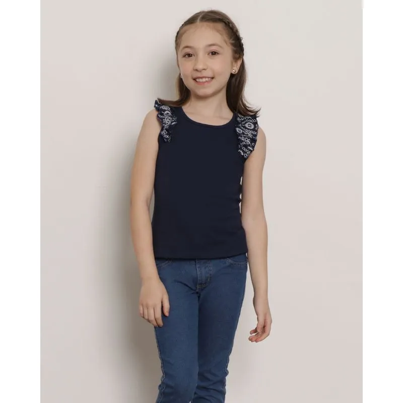 Blusa Infantil Manga Curta Com Babado Malha Laise Marinho 4