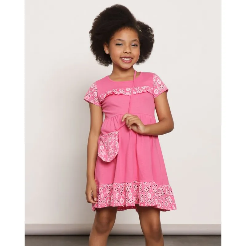 Vestido Infantil Manga Curta Babado Texturizado Floral Rosa 6