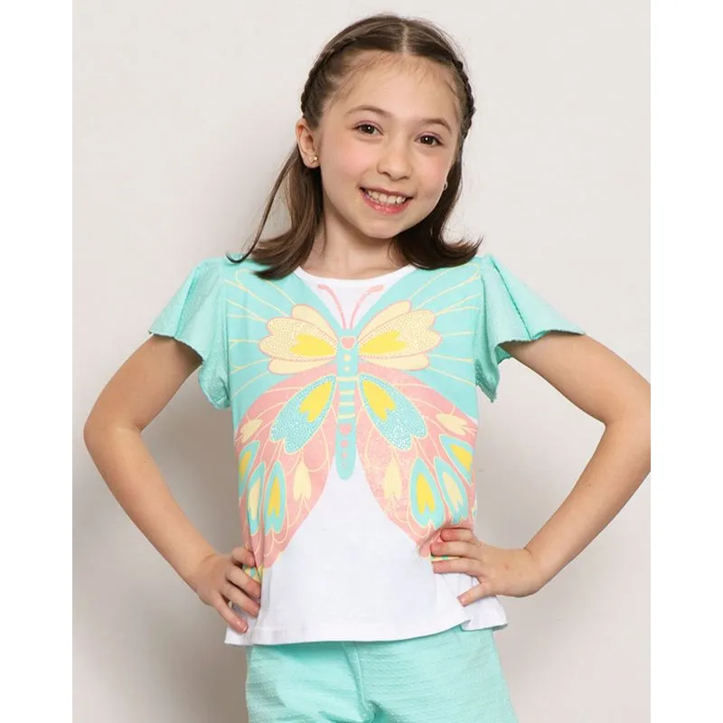 Blusa Infantil Manga Babado Estampa Borboleta Com Brilho Branco 6