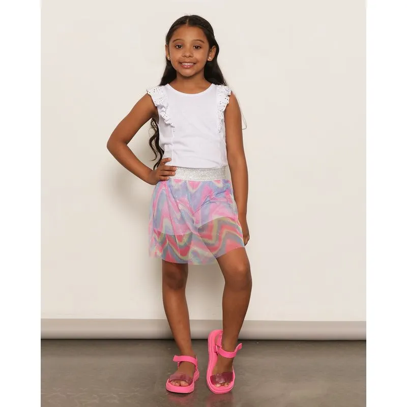 Short Saia Infantil Com Tule E Glitter Estampado Rosa 8