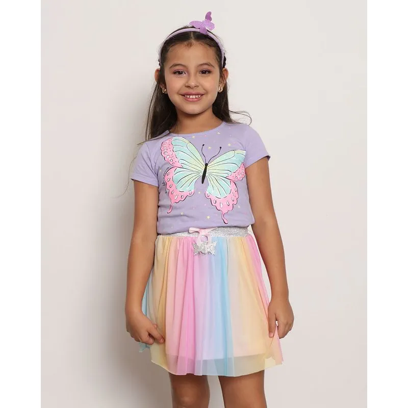 Blusa Infantil Manga Curta Borboleta + Brinde Tiara Lilás 8