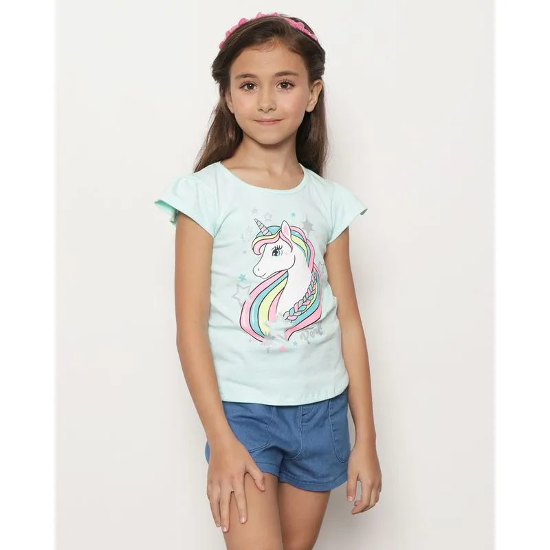 Blusa Infantil Manga Curta Estampa Unicórnio Verde Claro 10