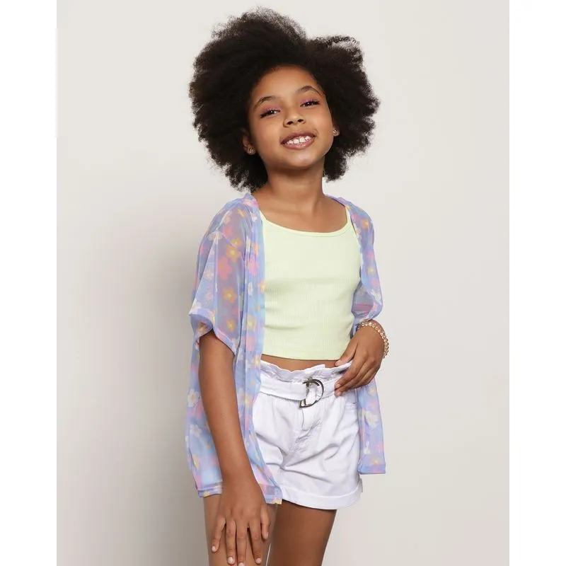 Conjunto Infantil Blusa e Kimono Estampa Florzinhas Verde e Lilás 10