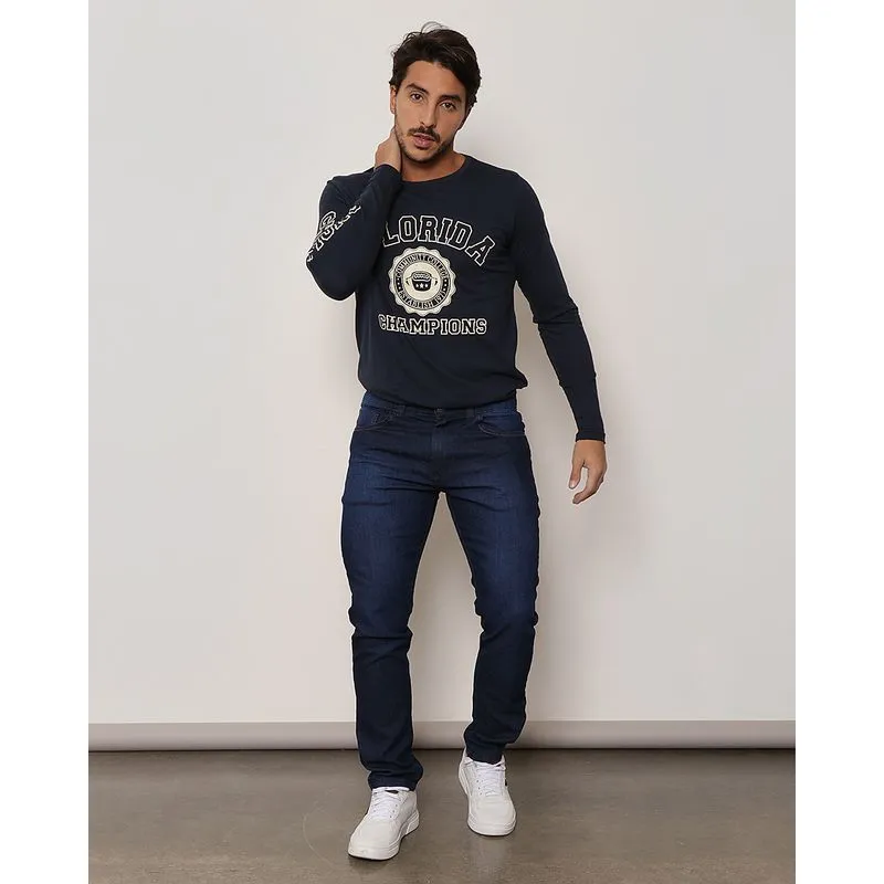 Calça Jeans Masculina Levemente Estonada Slim Azul Escuro 48