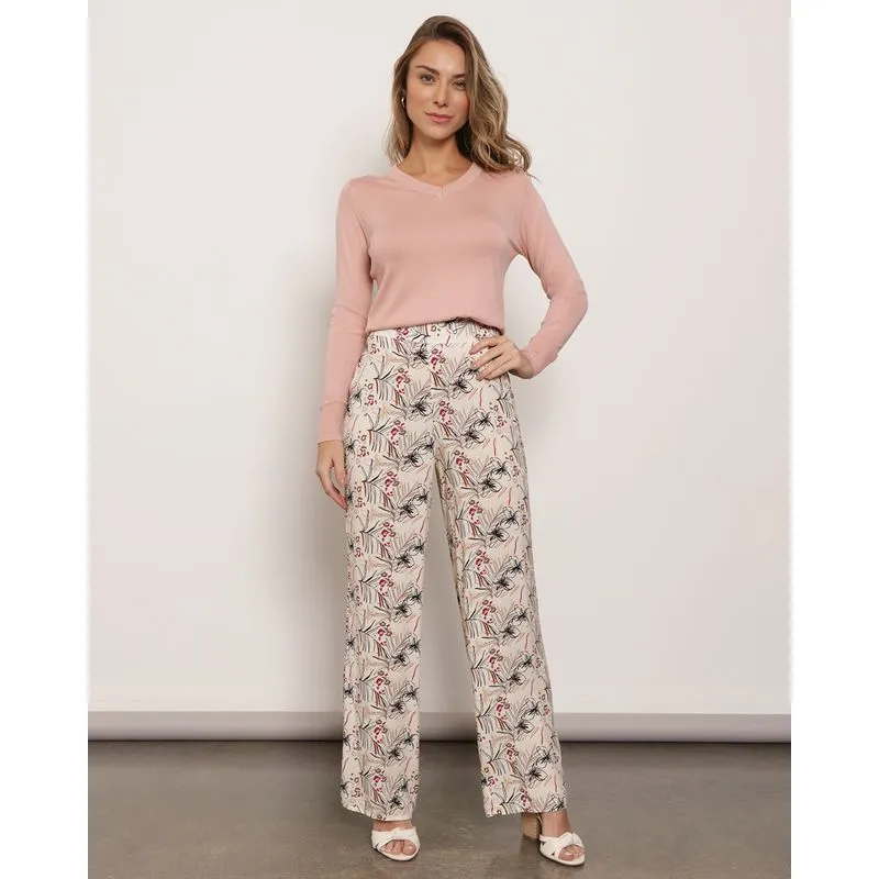 Calça Feminina Reta Berry & Co. Estampa Floral Off White P