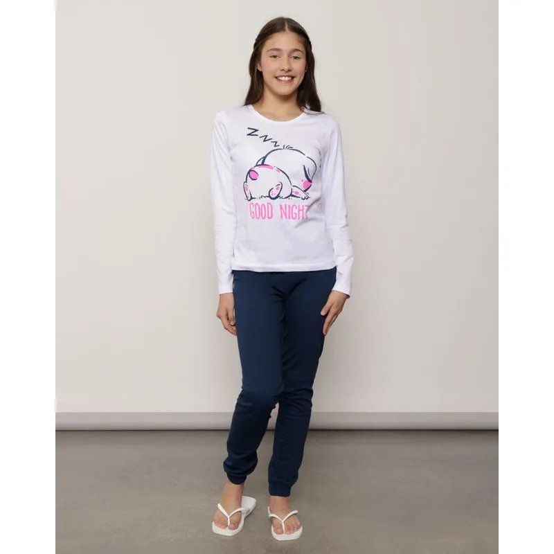 Pijama Juvenil Longo Com Estampa Good Night Branco 12