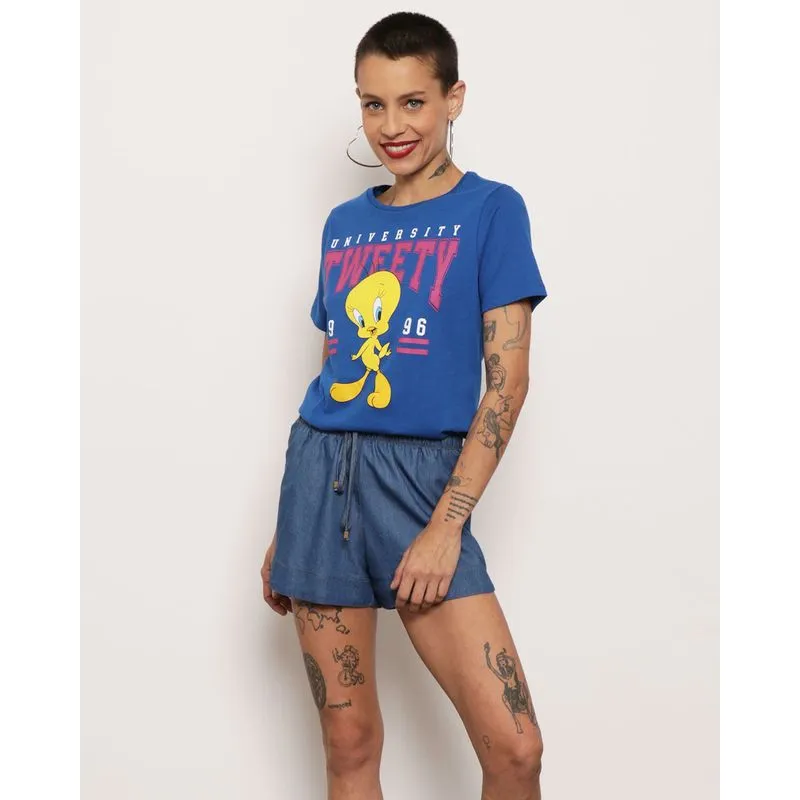 Camiseta feminina Looney Tunes Manga Curta Estampa Piu-piu Azul M