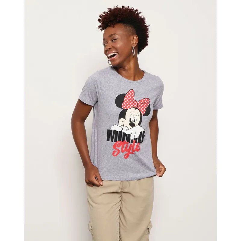 Camiseta Feminina Manga Curta Estampa Minnie Disney Cinza GG
