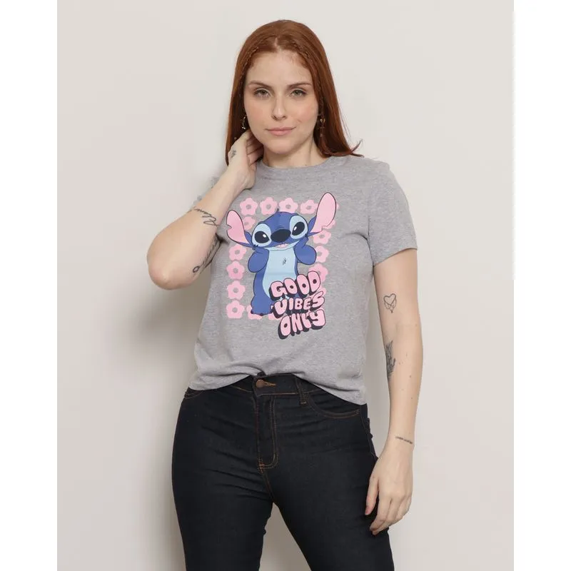 Camiseta Feminina Manga Curta Disney Stitch Mescla Cinza M