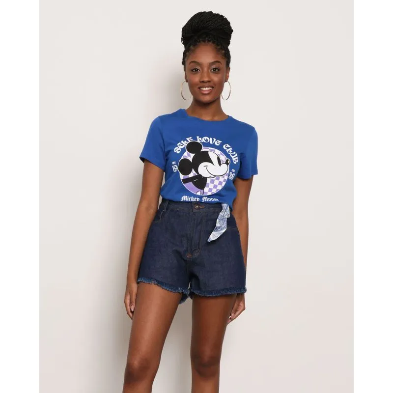 Camiseta Feminina Manga Curta Disney Estampa Mickey Azul P
