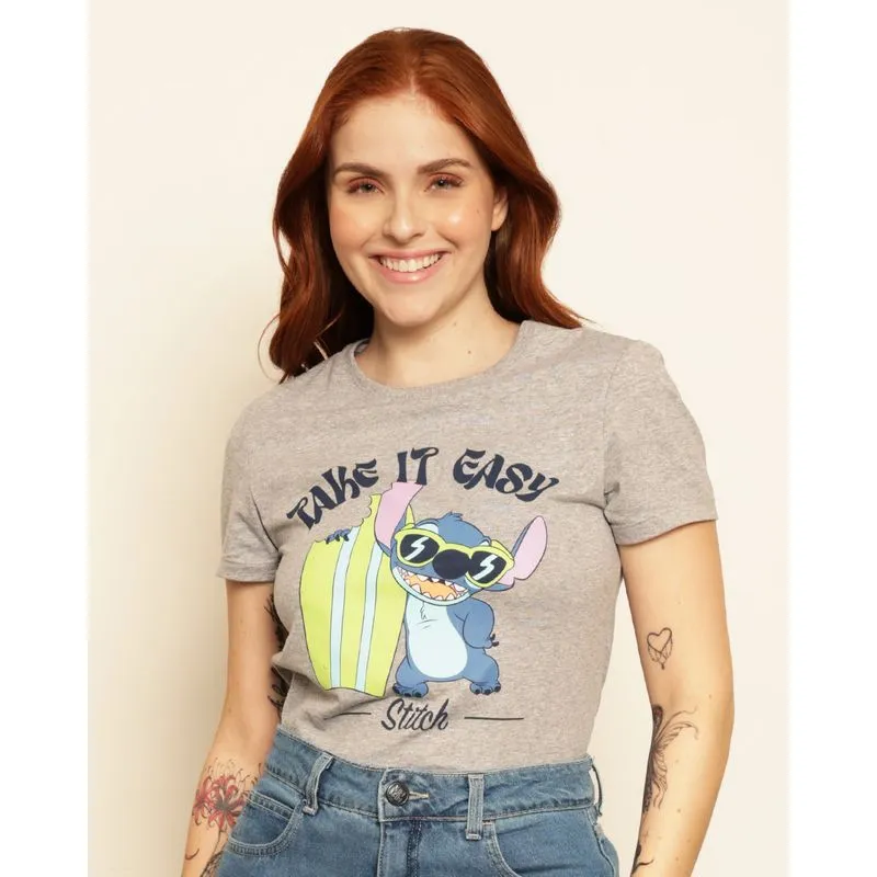 Camiseta Feminina Disney Stitch Manga Curta Cinza P